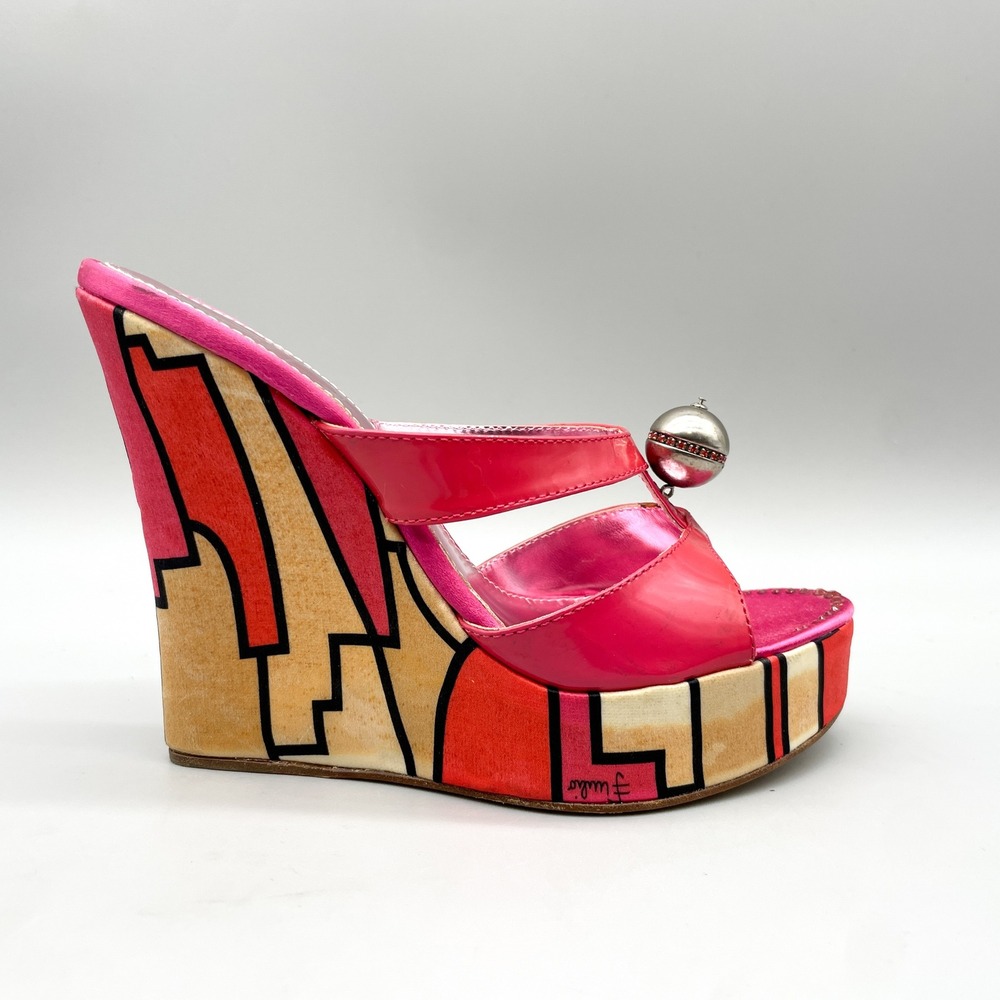 Emilio Pucci Womens 36 Wedge Sandals Pink Geometric Print Rhinestone Barbiecore
